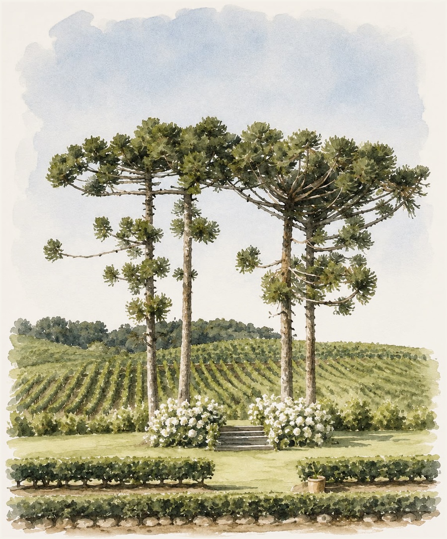 Araucárias em meio aos vinhedos de Flores da Cunha