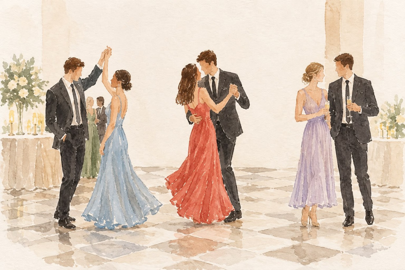 Ilustração de convidados em trajes de gala